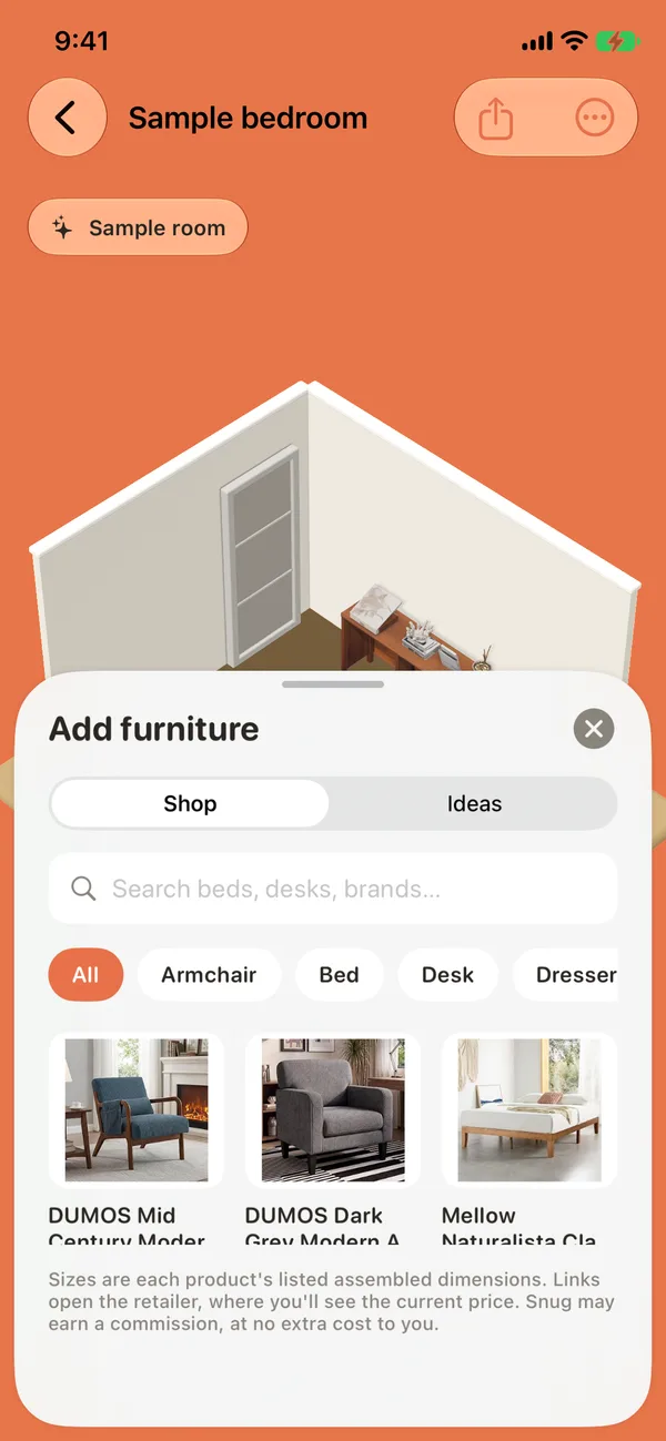 The furniture catalog over a 3D model of the room