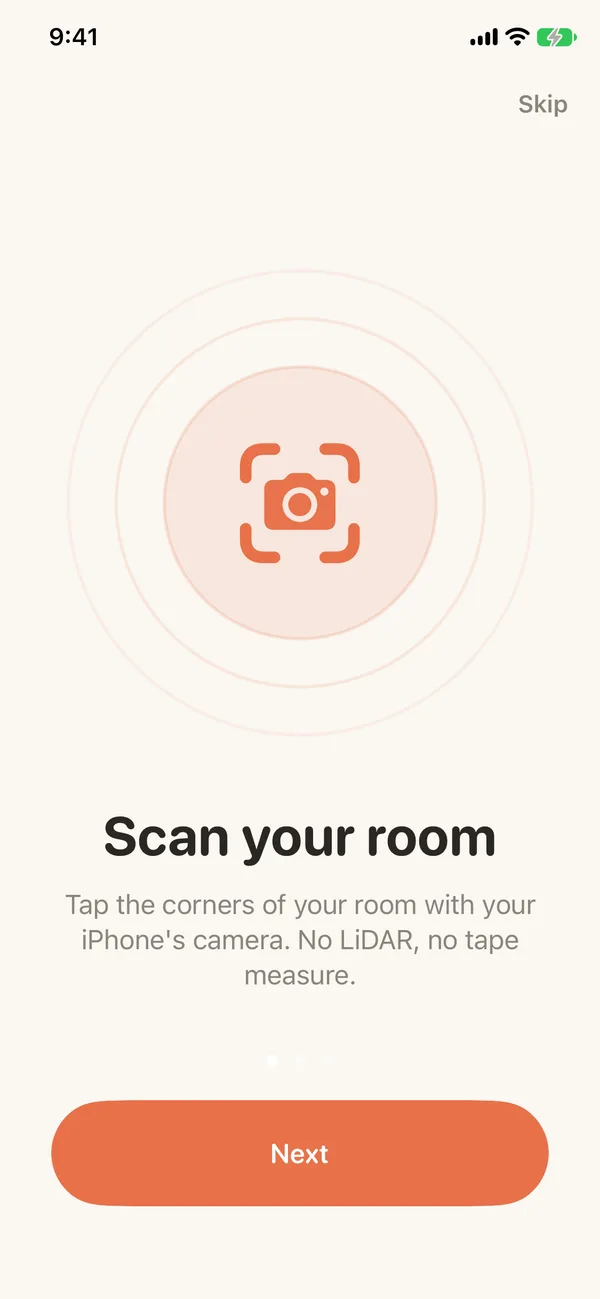 Snug's scan screen: tap the corners of your room with your iPhone's camera